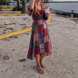 Hazel (Asos) midi patchwork red/blue wrap short sleeve dress, size S